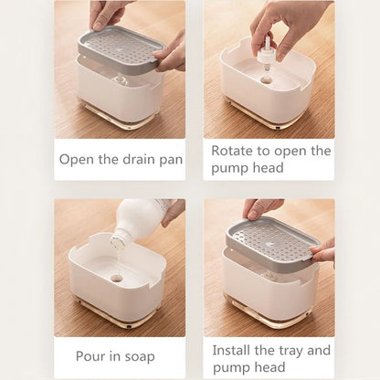 Dispenser de Sabonete com Pressão e Suporte para Esponja – Recipiente Automático para Detergente Líquido e Espuma de Cozinha e Banheiro