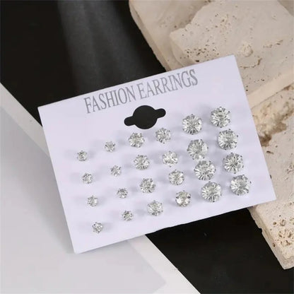 Kit com 12 Pares de Brincos de Pino em Aço Inoxidável – Brincos Redondos com Zircônia CZ Prateados Unissex