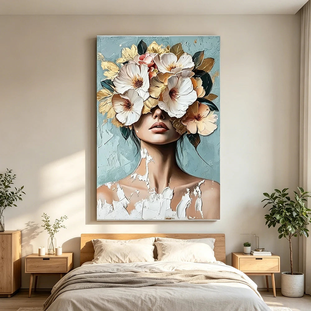 Quadro Decorativo Nórdico Luxuoso com Retrato Feminino e Flores em Dourado