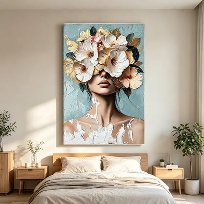 Quadro Decorativo Nórdico Luxuoso com Retrato Feminino e Flores em Dourado