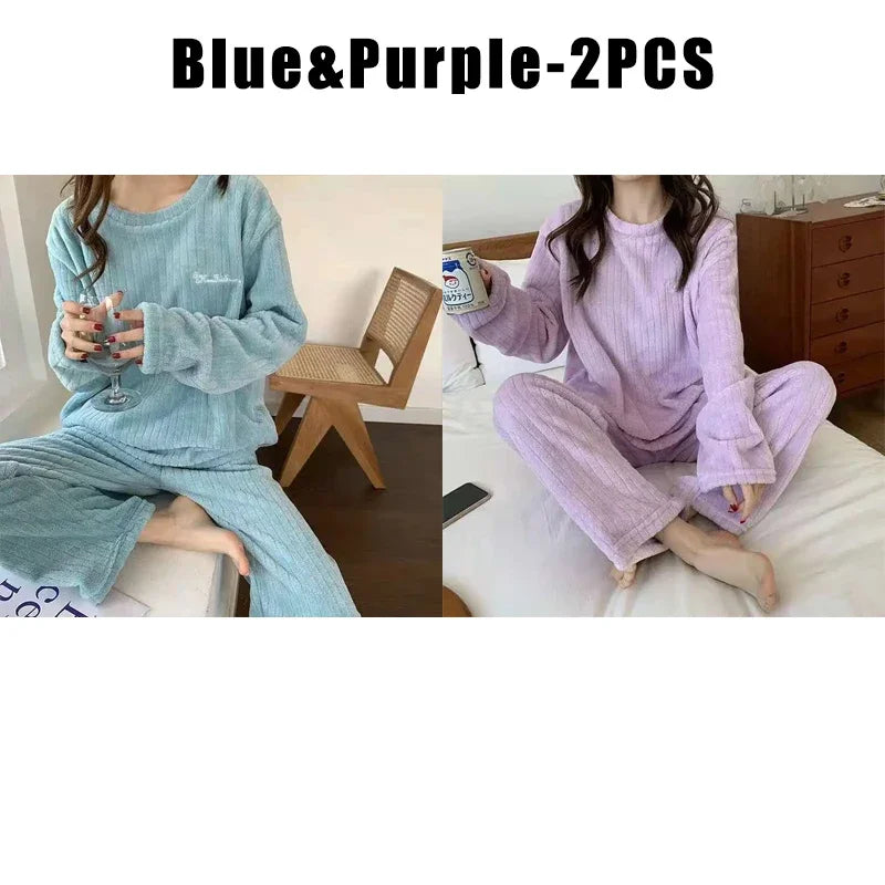 Pijama Feminino de Flanela Plush – Conjunto Térmico em Fleece Coral, Super Quentinho e Confortável para o Inverno