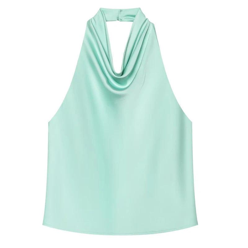 Top Feminino HXAO Y2K – Cropped de Cetim com Decote Halter, Ombros à Mostra e Costas Abertas para Festas e Looks de Verão