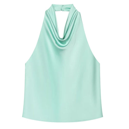 Top Feminino HXAO Y2K – Cropped de Cetim com Decote Halter, Ombros à Mostra e Costas Abertas para Festas e Looks de Verão