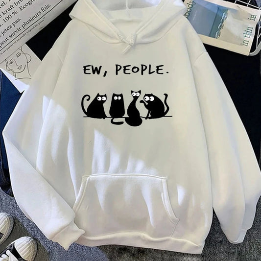 Moletom Feminino Retrô Americano 2025 – Blusa com Capuz, Estampa de Gato Preto e Frase Divertida, Estilo Harajuku Casual