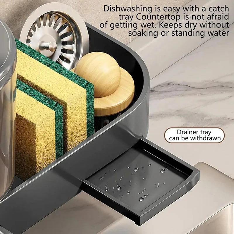 Dispenser de Sabonete de Parede com Suporte para Esponja e Bandeja de Drenagem – Recipiente para Detergente Líquido à Prova d’Água