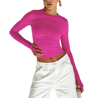 Camiseta Feminina Cropped Slim Fit – Blusa de Manga Longa com Gola Redonda, Abertura para Polegar e Estilo Streetwear Casual para o Dia a Dia