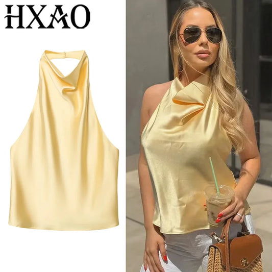 Top Feminino HXAO Y2K – Cropped de Cetim com Decote Halter, Ombros à Mostra e Costas Abertas para Festas e Looks de Verão