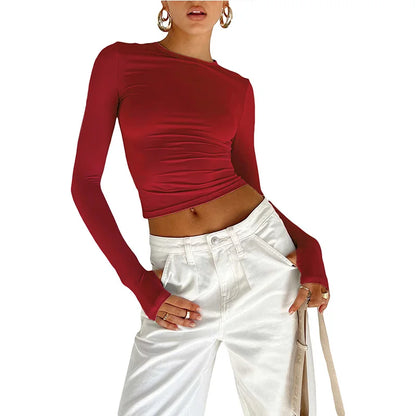 Camiseta Feminina Cropped Slim Fit – Blusa de Manga Longa com Gola Redonda, Abertura para Polegar e Estilo Streetwear Casual para o Dia a Dia