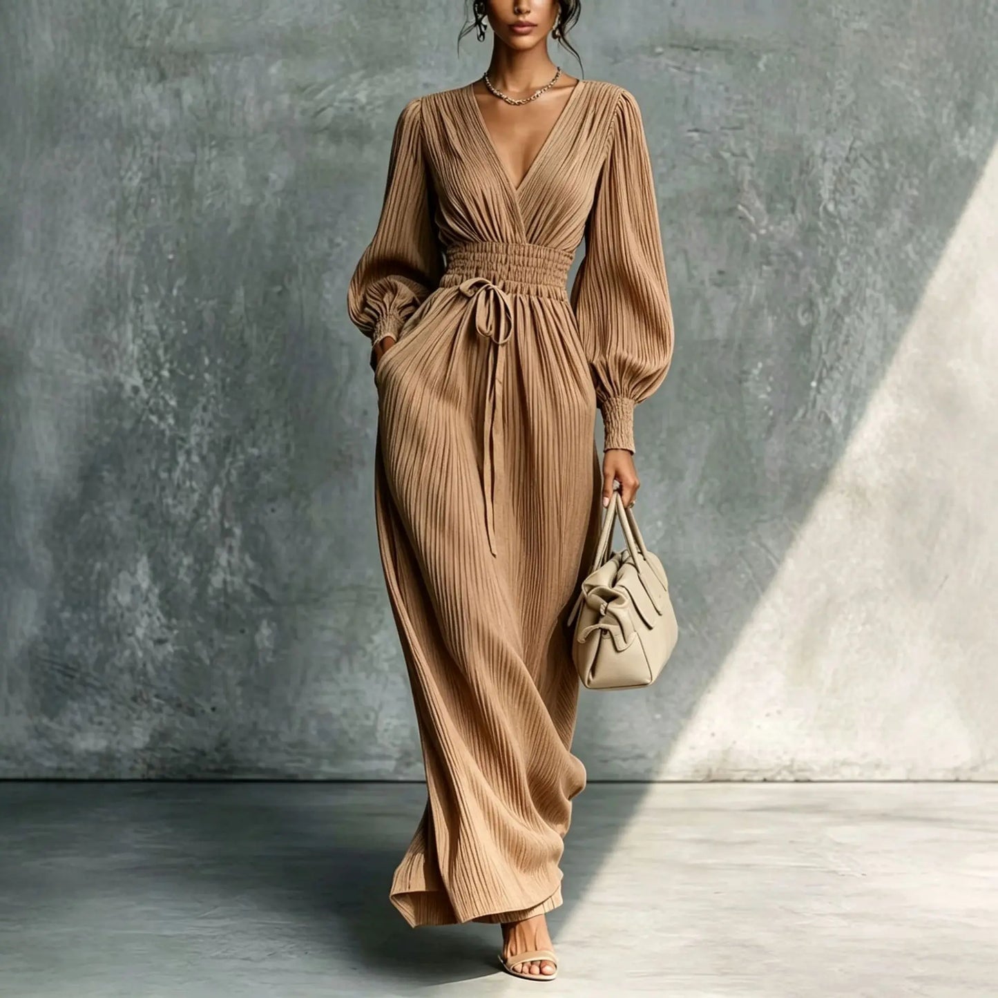 Vestido Feminino Longo Plissado com Decote V Profundo – Manga Longa Bufante, Cintura Alta Modeladora e Estilo Elegante Casual para Mulheres