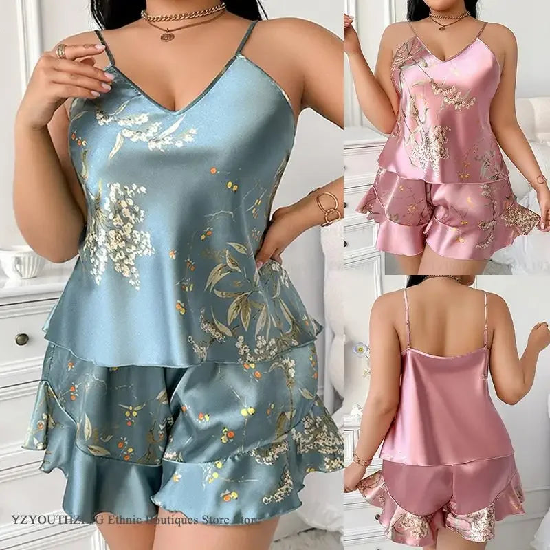 Pijama Feminino Plus Size de Cetim – Conjunto com Regata de Alças e Shorts Estampa de Cerejas, Confortável para Dormir e Relaxar