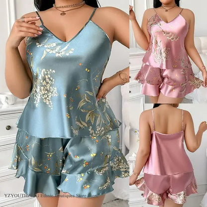 Pijama Feminino Plus Size de Cetim – Conjunto com Regata de Alças e Shorts Estampa de Cerejas, Confortável para Dormir e Relaxar