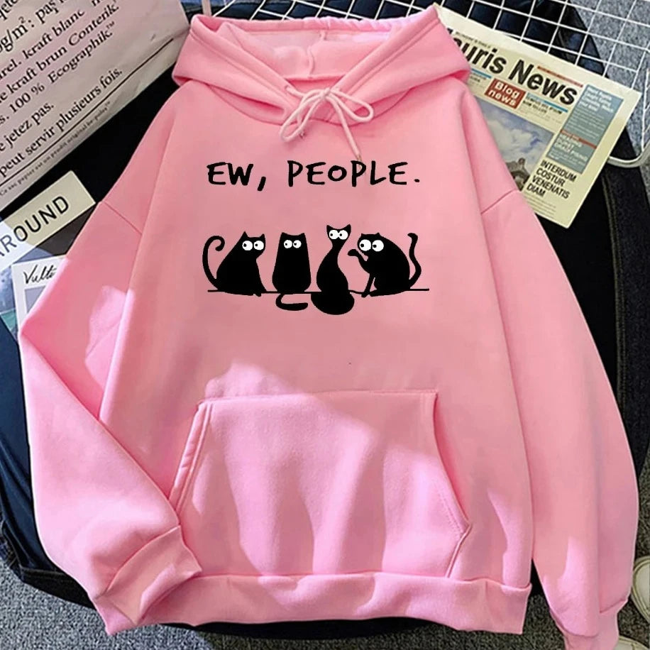 Moletom Feminino Retrô Americano 2025 – Blusa com Capuz, Estampa de Gato Preto e Frase Divertida, Estilo Harajuku Casual