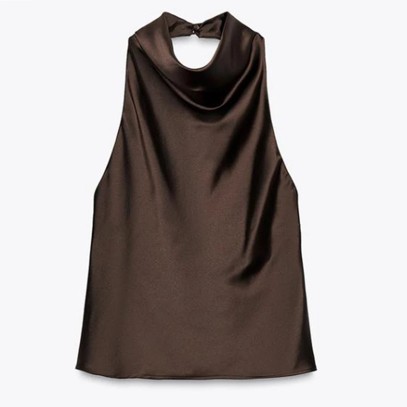 Top Feminino HXAO Y2K – Cropped de Cetim com Decote Halter, Ombros à Mostra e Costas Abertas para Festas e Looks de Verão