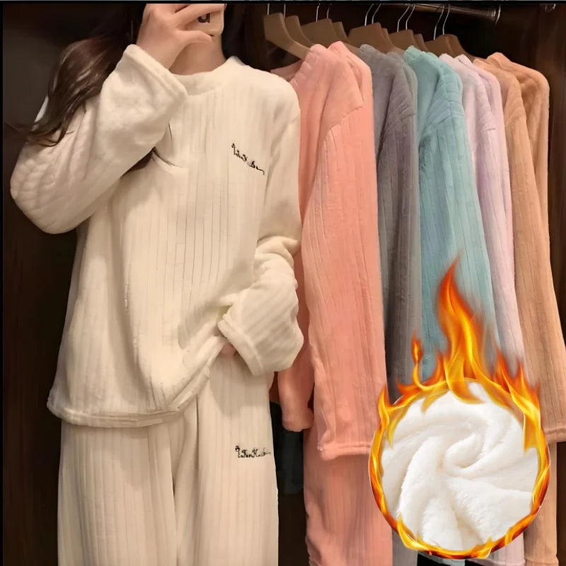 Pijama Feminino de Flanela Plush – Conjunto Térmico em Fleece Coral, Super Quentinho e Confortável para o Inverno