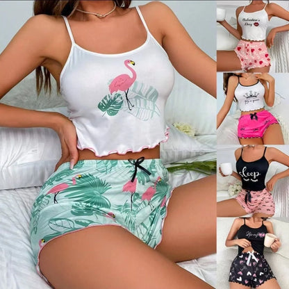 Conjunto Feminino de Verão em Seda Milk Silk – Regata e Shorts com Estampa de Coroa e Flamingo, Pijama Casual para Casa