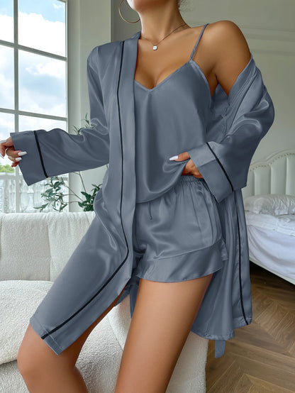 Pijama Feminino de Cetim 4 Peças – Conjunto com Robe de Manga Longa, Regata de Alças, Shorts e Faixa para Dormir com Elegância