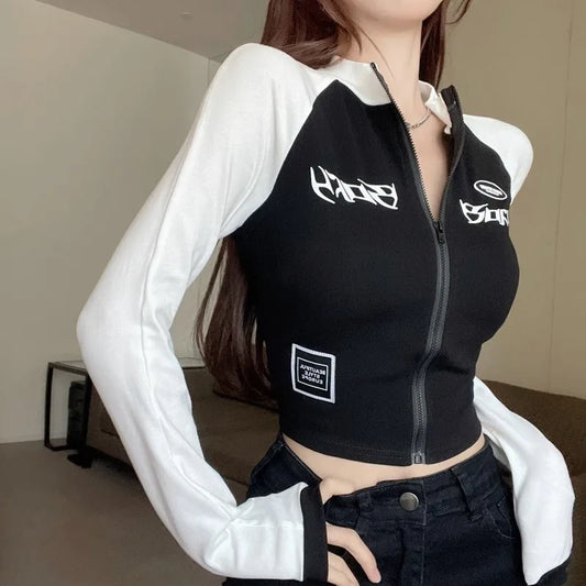 Cropped Feminino Coreano Retrô – Blusa de Manga Longa com Gola Alta, Zíper Curto e Modelagem Justa Estilo Motoqueiro