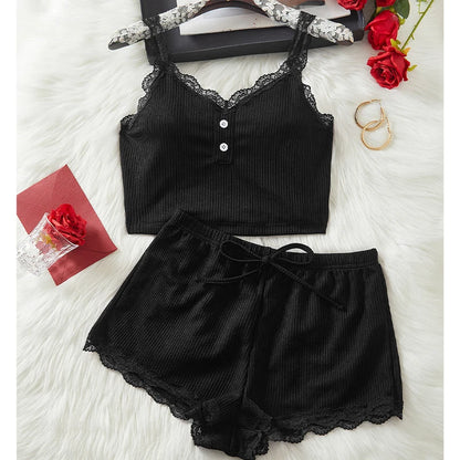 Women Pajama New Y2K Sleeping Pants Summer High Waist Drawstring Lace Camisole Vest Shorts Sleepwear Set Leisure Home Clothing