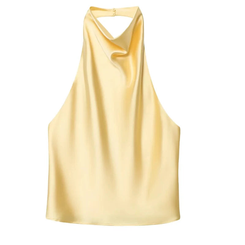 Top Feminino HXAO Y2K – Cropped de Cetim com Decote Halter, Ombros à Mostra e Costas Abertas para Festas e Looks de Verão