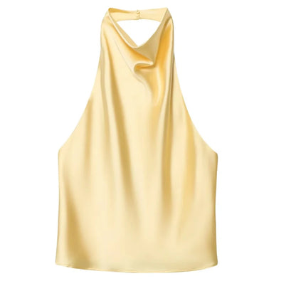 Top Feminino HXAO Y2K – Cropped de Cetim com Decote Halter, Ombros à Mostra e Costas Abertas para Festas e Looks de Verão