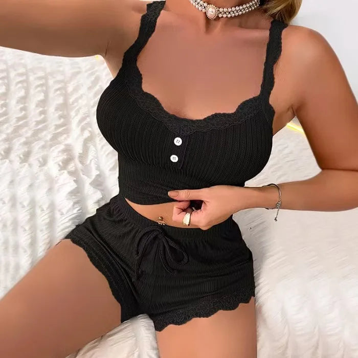 Women Pajama New Y2K Sleeping Pants Summer High Waist Drawstring Lace Camisole Vest Shorts Sleepwear Set Leisure Home Clothing