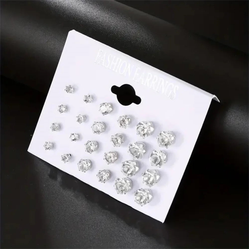 Kit com 12 Pares de Brincos de Pino em Aço Inoxidável – Brincos Redondos com Zircônia CZ Prateados Unissex