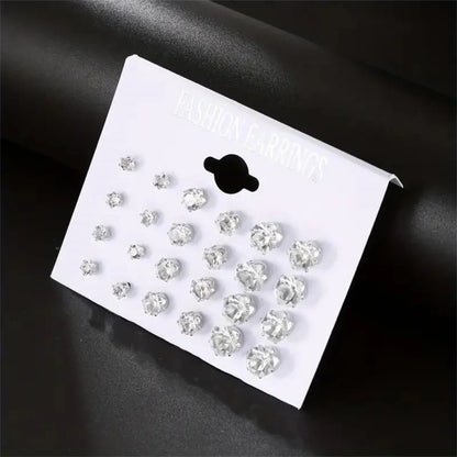 Kit com 12 Pares de Brincos de Pino em Aço Inoxidável – Brincos Redondos com Zircônia CZ Prateados Unissex