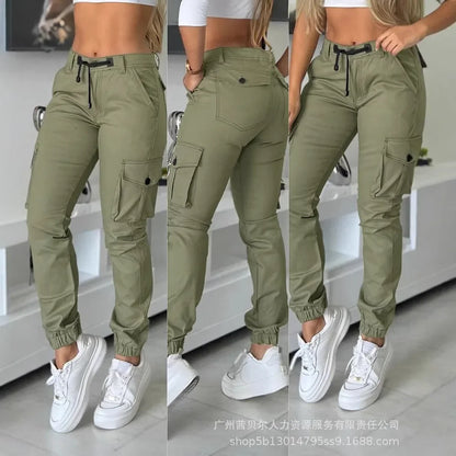 Calça Feminina Cargo Y2K – Modelo de Cintura Alta com Múltiplos Bolsos, Barra Dobrada e Corte Slim Fashion