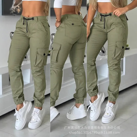 Calça Feminina Cargo Y2K – Modelo de Cintura Alta com Múltiplos Bolsos, Barra Dobrada e Corte Slim Fashion