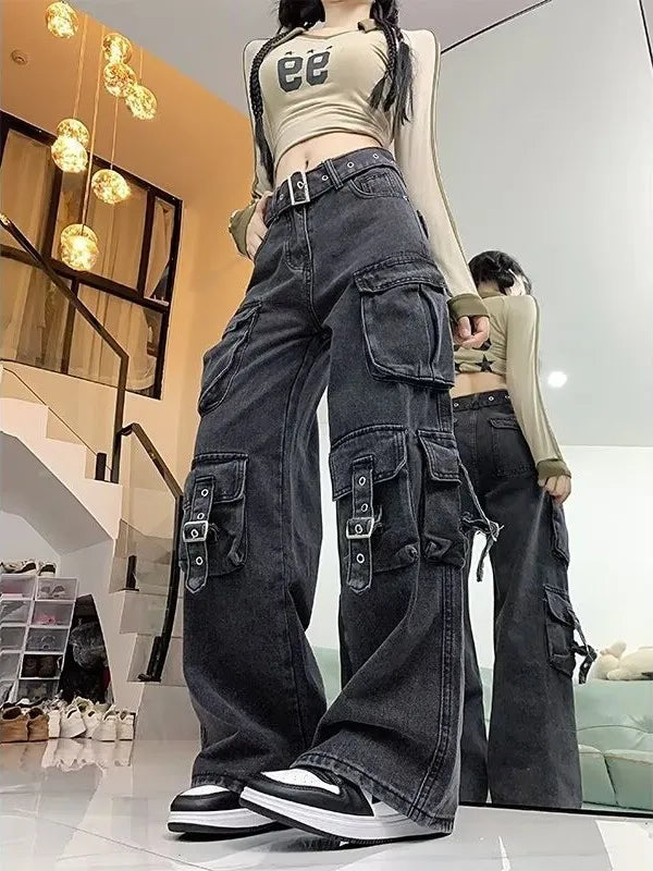 Calça Jeans Feminina Retrô Americana – Modelo Reta e Pantalona de Cintura Casual, Estilo Streetwear Fashion e Moderno