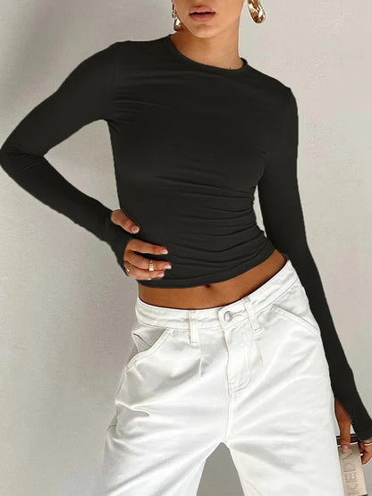 Camiseta Feminina Cropped Slim Fit – Blusa de Manga Longa com Gola Redonda, Abertura para Polegar e Estilo Streetwear Casual para o Dia a Dia