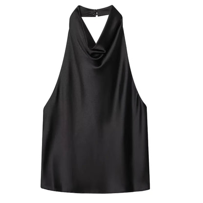 Top Feminino HXAO Y2K – Cropped de Cetim com Decote Halter, Ombros à Mostra e Costas Abertas para Festas e Looks de Verão