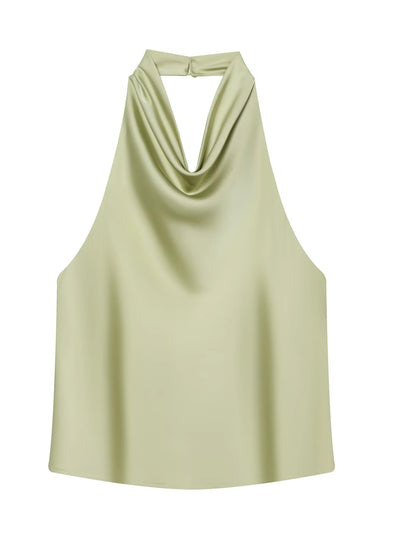 Top Feminino HXAO Y2K – Cropped de Cetim com Decote Halter, Ombros à Mostra e Costas Abertas para Festas e Looks de Verão