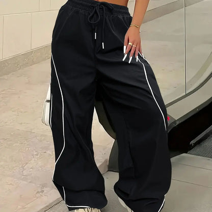Calça Feminina Y2K Casual – Modelo Cargo Parachute com Listras Contrastantes, Cintura Elástica Ajustável e Perna Larga Estilo Streetwear