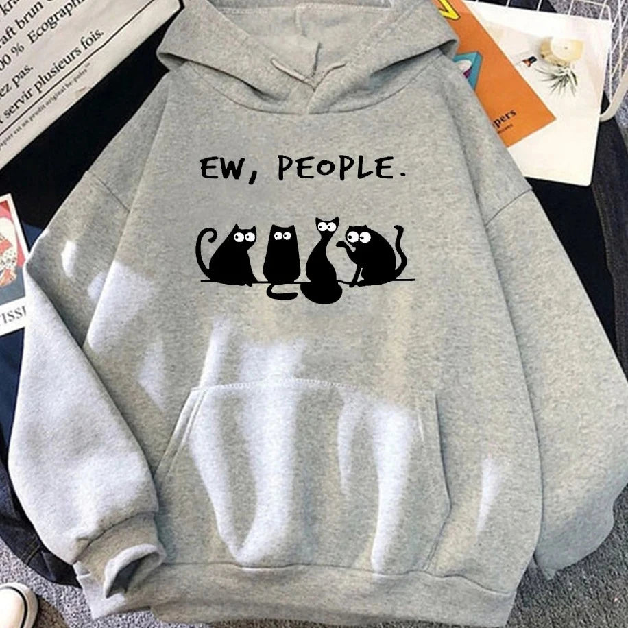 Moletom Feminino Retrô Americano 2025 – Blusa com Capuz, Estampa de Gato Preto e Frase Divertida, Estilo Harajuku Casual
