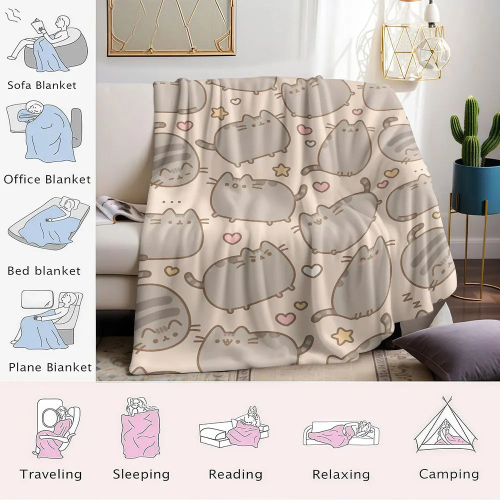 Cobertor Flanelado Fofo de Gato Pusheen – Manta Macia e Aconchegante para Sofá e Decoração