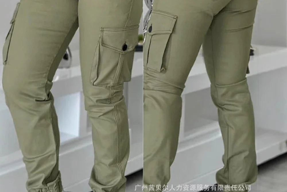 Calça Feminina Cargo Y2K – Modelo de Cintura Alta com Múltiplos Bolsos, Barra Dobrada e Corte Slim Fashion