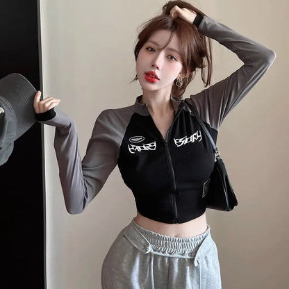 Cropped Feminino Coreano Retrô – Blusa de Manga Longa com Gola Alta, Zíper Curto e Modelagem Justa Estilo Motoqueiro