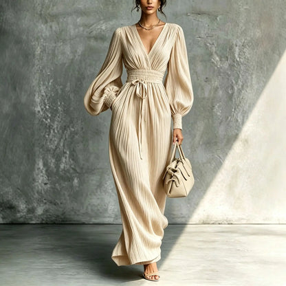 Vestido Feminino Longo Plissado com Decote V Profundo – Manga Longa Bufante, Cintura Alta Modeladora e Estilo Elegante Casual para Mulheres