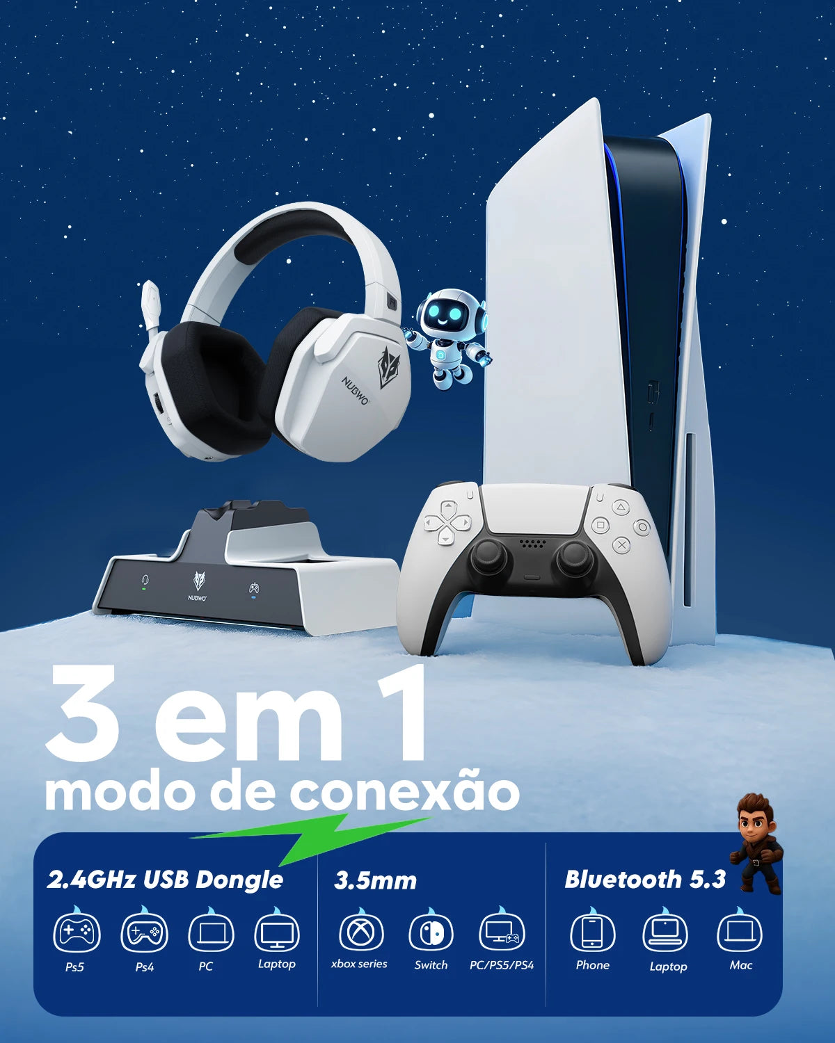 Headset Gamer NUBWO G06 Sem Fio com Base de Carregamento