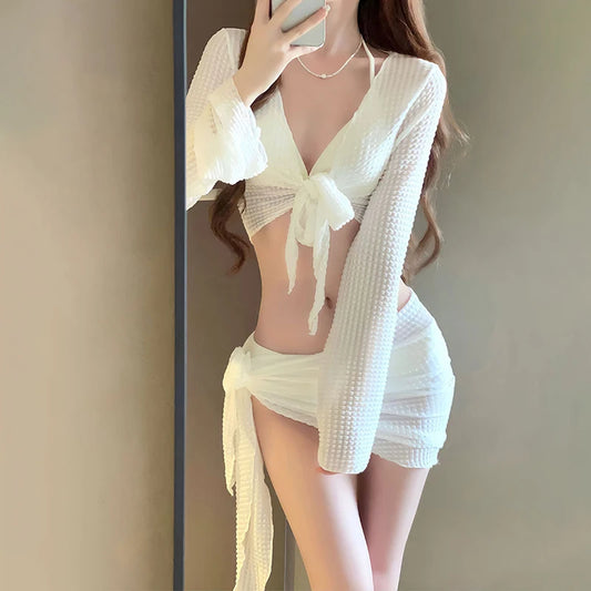 Biquíni Feminino de Tricô com Manga Longa – Conjunto Sensual com Efeito Push-Up e Saída de Praia Elegante para Resorts e Férias