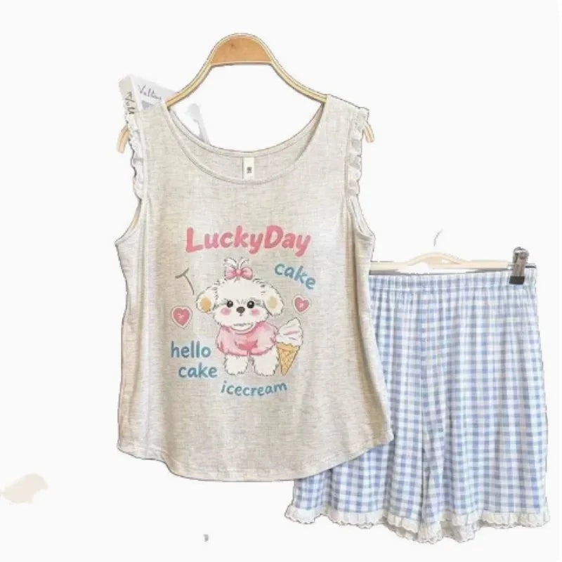 Pijama Feminino de Verão com Bojo – Conjunto de Regata e Shorts com Estampa de Cartoon, Confortável e Charmoso para Dormir e Relaxar