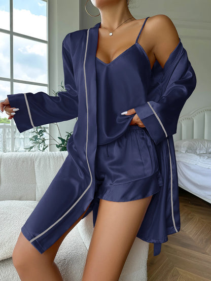 Pijama Feminino de Cetim 4 Peças – Conjunto com Robe de Manga Longa, Regata de Alças, Shorts e Faixa para Dormir com Elegância