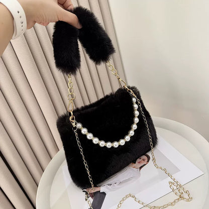Bolsa Feminina Fashion de Pérolas e Pelo de Coelho – Bolsa Pequena Transversal com Corrente, Elegante e Versátil para o Inverno