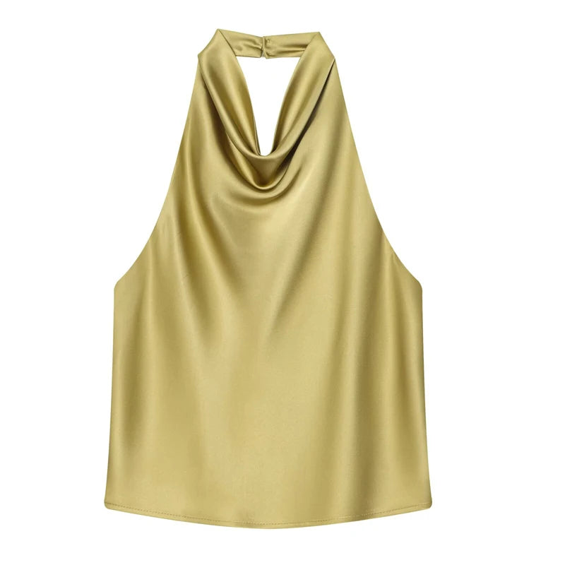 Top Feminino HXAO Y2K – Cropped de Cetim com Decote Halter, Ombros à Mostra e Costas Abertas para Festas e Looks de Verão