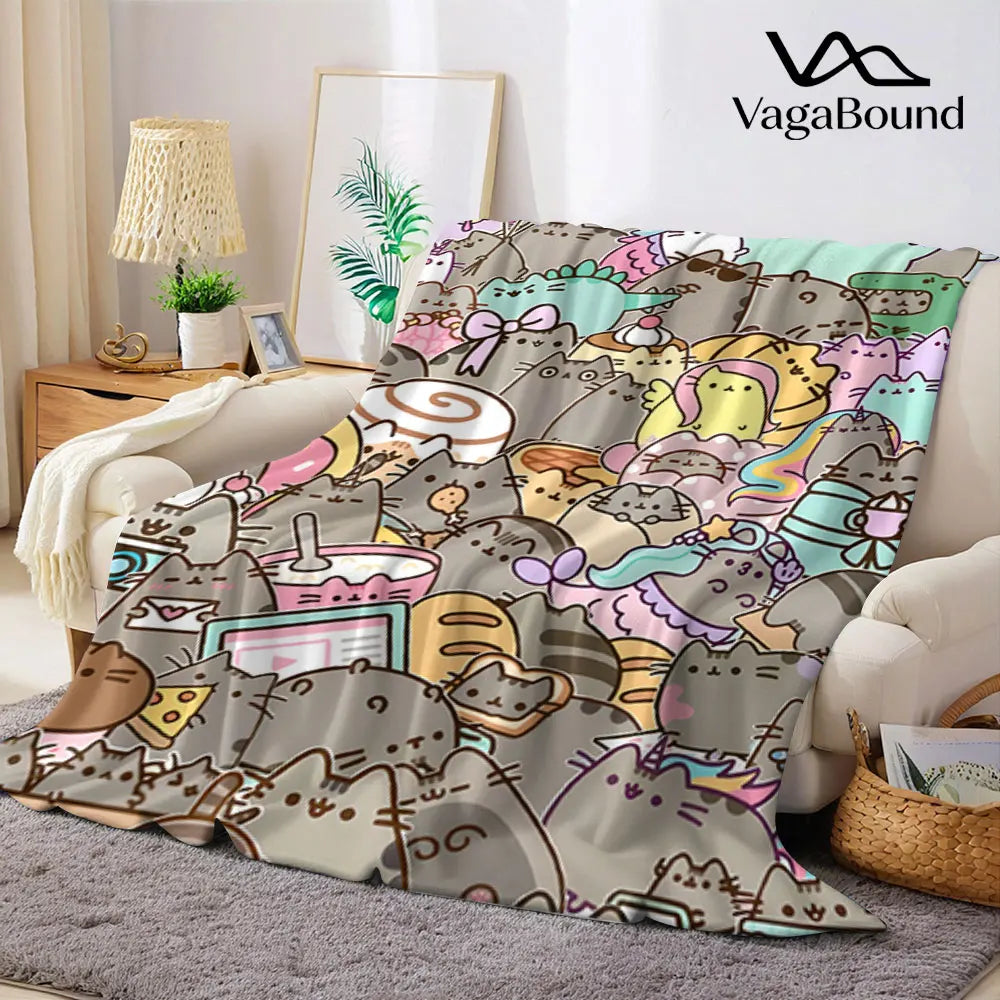 Cobertor Flanelado Fofo de Gato Pusheen – Manta Macia e Aconchegante para Sofá e Decoração
