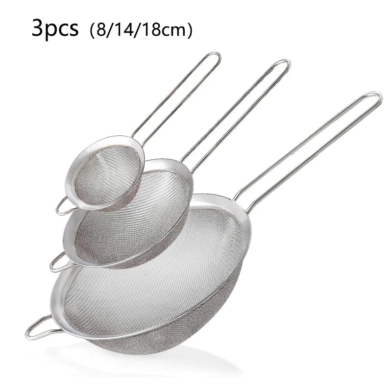 1-4 Peças de Peneira de Malha Fina em Aço Inoxidável – Peneirador de Farinha com Cabo para Confeitaria e Cozinha