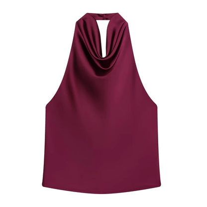 Top Feminino HXAO Y2K – Cropped de Cetim com Decote Halter, Ombros à Mostra e Costas Abertas para Festas e Looks de Verão