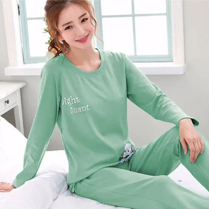 Spring Thin 2pieces Pyjamas Set Women Tops 2024 Cotton Round Neck Girls Pajamas Sets Teacup Cat Sleepwear Clothes Pijamas Mujer