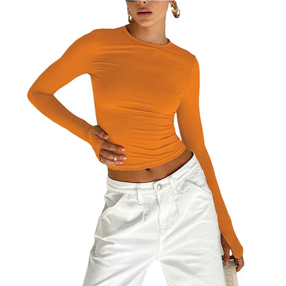 Camiseta Feminina Cropped Slim Fit – Blusa de Manga Longa com Gola Redonda, Abertura para Polegar e Estilo Streetwear Casual para o Dia a Dia
